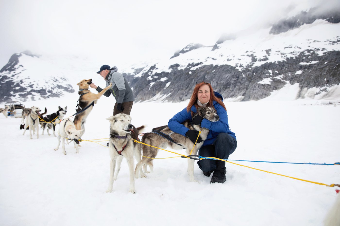 Reuben and Erin Willis with sled dogs on the icefield