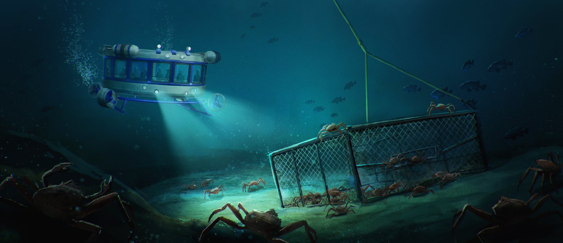 The submersible lights up a crab pot on the ocean floor